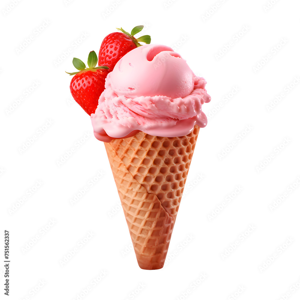 Strawberry ice cream in waffle cone isolated on transparent background