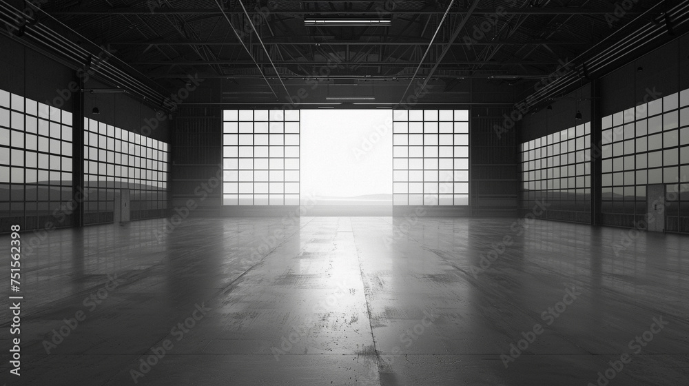 The stark beauty of an empty hangar concrete floors extending into infinity offering a blank canvas for imagination The stark beauty of an empty hangar concrete floors extending into infinity offering a blank canvas for imagination