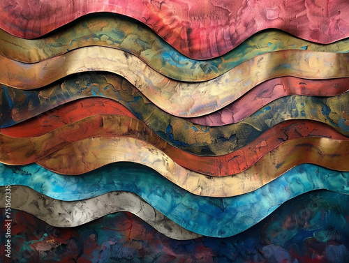 Sleek waves of metallic hues flow across the canvas creating an abstract colorful panorama blending art and metal
