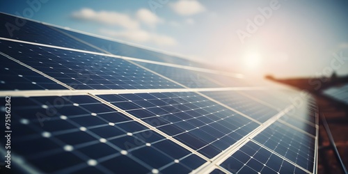 A closeup view of solar panels at a power plant generating clean and renewable electricity. Concept Solar Energy, Renewable Technologies, Green Power, Sustainable Future, Clean Energy Production