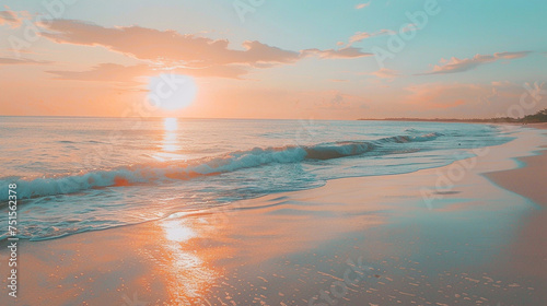 The serene beauty of a sunrise beach where the first light kisses the calm sea crafting a backdrop for romantic wanderlust adventures © BritCats Studio