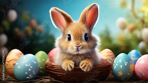 Easter bunny in basket with colorful eggs