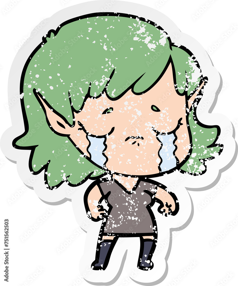 distressed sticker of a cartoon crying elf girl distressed sticker of a cartoon crying elf girl