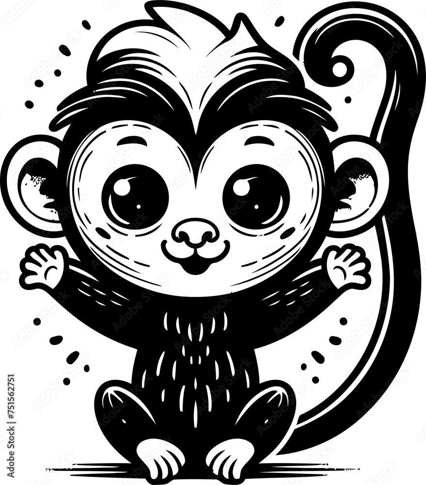 chimpanzee, howler, colobus monkey in cute animal doodle cartoon, children mascot drawing, outline,

