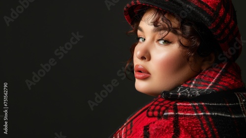 Plus size young woman in stylish clothes on dark background. Diversity and body positivity