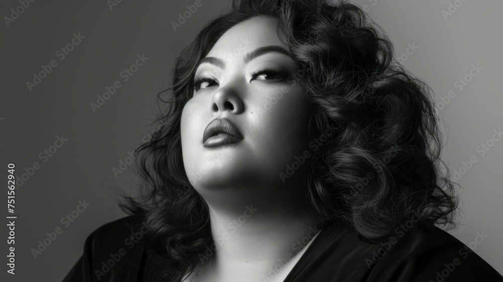 Plus size young asian woman in stylish clothes. Black and white photo. Diversity and body positivity