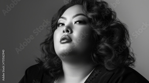 Plus size young asian woman in stylish clothes. Black and white photo. Diversity and body positivity
