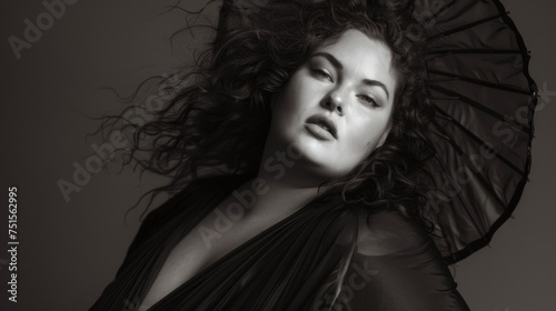 Plus size young woman in stylish clothes. Black and white photo. Diversity and body positivity