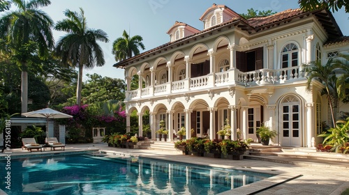An elegant colonial-style mansion with an inviting swimming pool surrounded by tropical foliage.