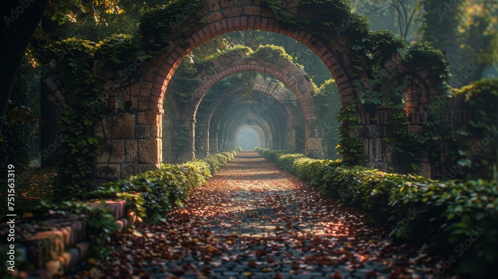 A mystical path leads through a series of brick arches overgrown with ivy, bathed in the warm light of autumn.