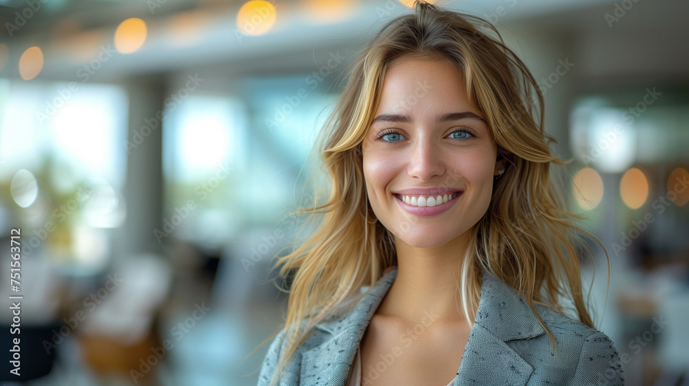 Obraz premium Smiling beautiful elegant businesswoman standing in a modern business office tower.