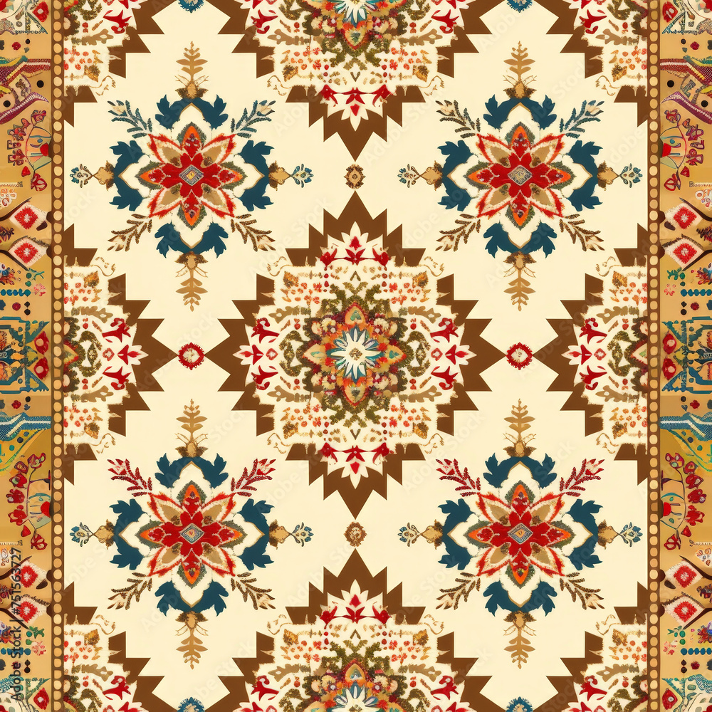 A colorful rug with a pattern of flowers and leaves