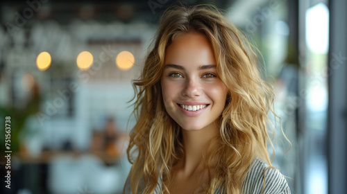 Smiling beautiful elegant businesswoman standing in a modern business office tower.