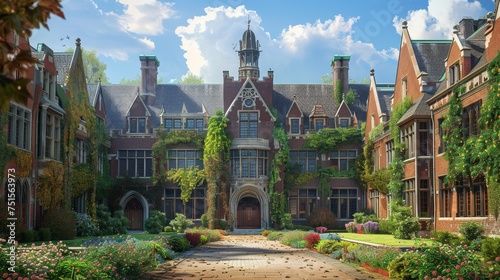 An elegant, historic university building adorned with ivy and surrounded by a beautifully maintained, vibrant flower garden.