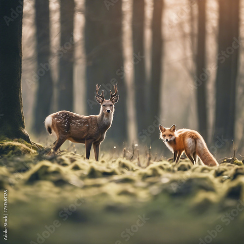Hirsch und Fuchs stehen im Wald