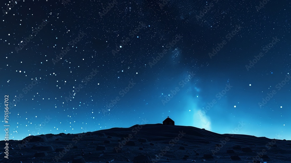 A solitary cabin perched atop a desolate hillside offers a silent vigil beneath a vast, star-filled sky, showcasing the beauty of the cosmos. A solitary cabin perched atop a desolate hillside offers a silent vigil beneath a vast, star-filled sky, showcasing the beauty of the cosmos.