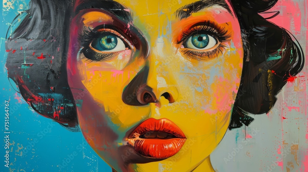 Digital artwork of a woman's face in a colorful and abstract style, featuring striking eyes and bold lips.