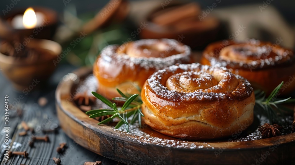 Traditional Swedish cardamom and cinnamon buns. Delicious Swedish traditional cinnamon rolls. Scandinavian cuisine.