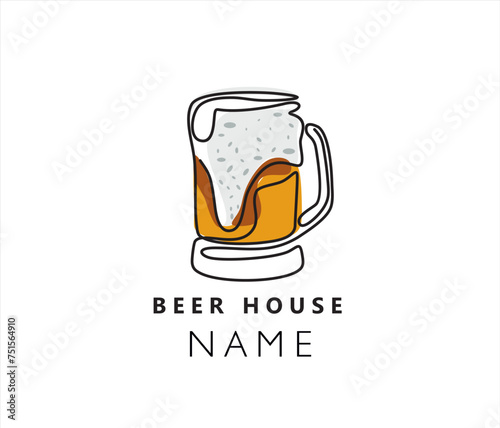 Beer house concept. Continuous one line drawing of beer glass with foam. Craft barley alcohol drink in simple linear style for bar and pub vector illustration. Premium vector.
