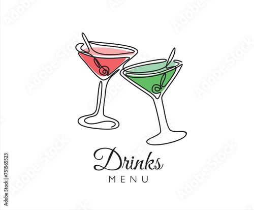 Drinks menu. Continuous one line drawing of glasses with cocktails. Illustration with quote template. Can used for logo, banner, booklet, flyer, brochure