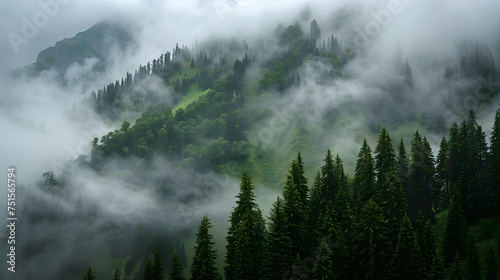 Here is the image based on your description and tags It represents a serene and mystical morning in a mountainous terrain, where the mist and fog blend seamlessly with the landscape