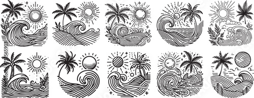 tropical paradise landscapes, palm trees, sun, ocean waves for relaxation and vacation in black vector photo