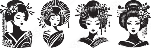 geisha portraits adorned with flowers, delicate beauty in black vector