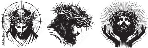 Jesus Christ portrait exudes peace and love, peace and hope, religious black and white vector photo