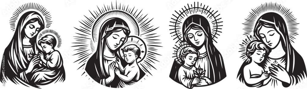 virgin mary and baby jesus, motherly love in black vector - obrazy, fototapety, plakaty 