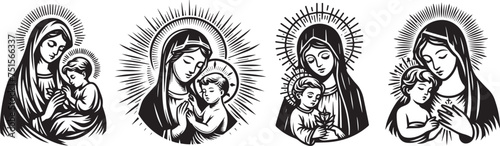 virgin mary and baby jesus, motherly love in black vector laser cutting engraving