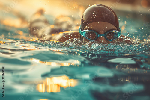 Competitive swimmer powering through the water with streamlined form. © Hunman