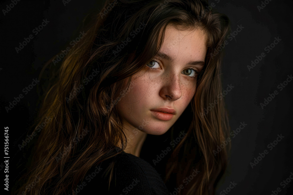 Portrait against a deep black backdrop, adding intensity and contrast to the subject's features. Portrait against a deep black backdrop, adding intensity and contrast to the subject's features.