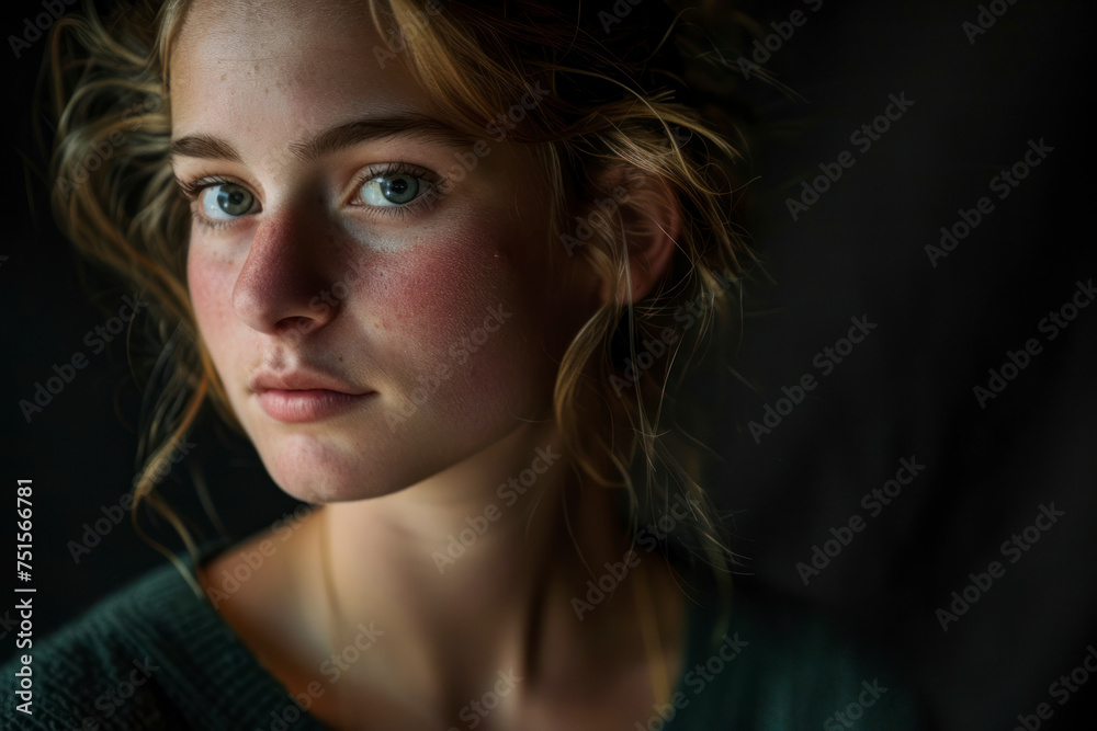 Portrait against a deep black backdrop, adding intensity and contrast to the subject's features. Portrait against a deep black backdrop, adding intensity and contrast to the subject's features.