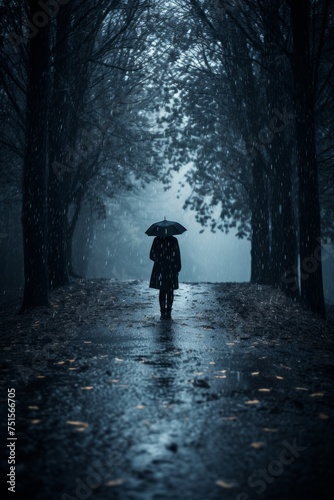 A young woman walking in the rain with a colorful umbrella, seen from the back on a rainy day. © Aliaksandra