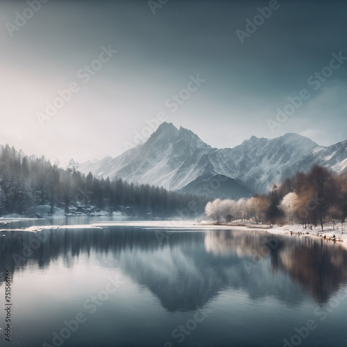 Winterlandschaft am See mit Bergen photo