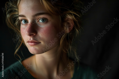 Portrait against a deep black backdrop  adding intensity and contrast to the subject s features.