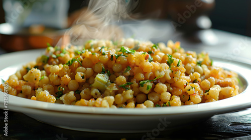 Steaming couscous with herbs on plate