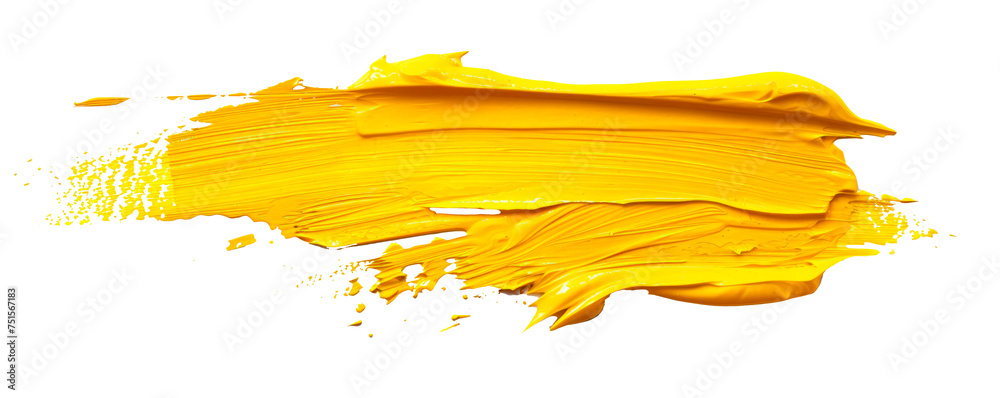 A yellow brush stroke with yellow paint splatters on a white background Isolated on transparent background, PNG