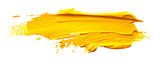 A yellow brush stroke with yellow paint splatters on a white background Isolated on transparent background, PNG