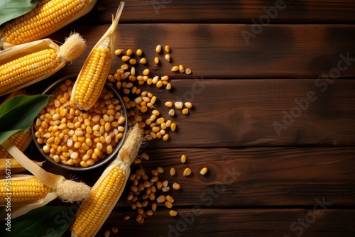 Freshly harvested yellow corn kernels in a bowl with ripe corn ears on wooden farm table