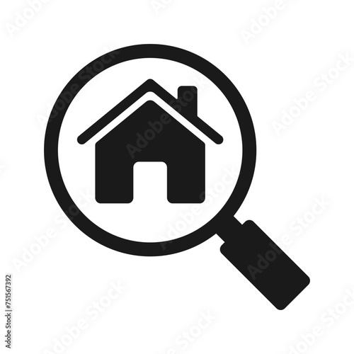 Magnifying glass icon with house. Vector illustration