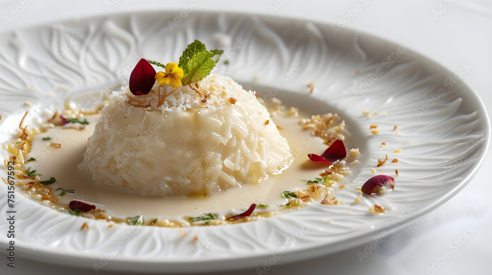 Gourmet coconut rice pudding on elegant platter Gourmet coconut rice pudding on elegant platter