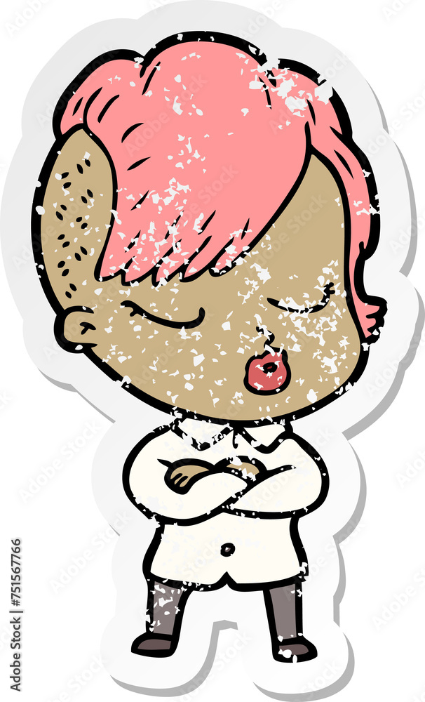 distressed sticker of a cartoon pretty hipster girl distressed sticker of a cartoon pretty hipster girl