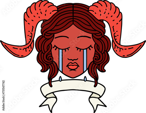 crying tiefling character face with scroll banner illustration photo