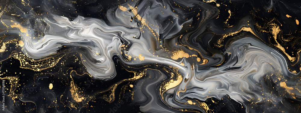 Black and White Marble ink abstract background with gold