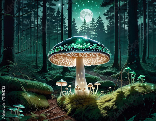 A mystical night scene in a forest with glowing mushrooms  a full moon  and stars. The atmosphere is enchanting and surreal.