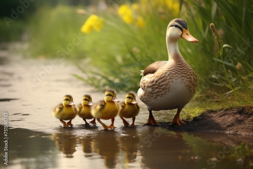 A mother duck leading her ducklings across a pond, Mother Gadwall Duck Anas Strepera Leading her Ducklings Across a River, Ai generated