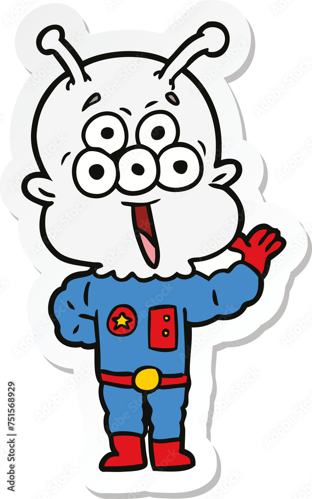 sticker of a happy cartoon alien waving