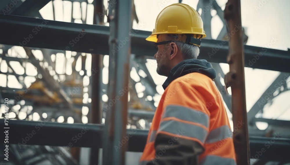 Engineer technician watching team of workers on high steel platform Engineer technician watching team of workers on high steel platform