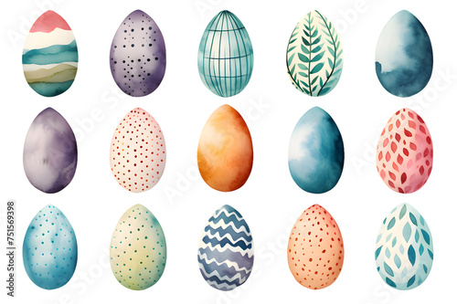 Easter Eggs. Set of illustrations in watercolor style isolated on transparent background